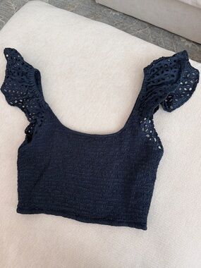 H&M Navy Smocked Crop Top with Eyelet Flutter Sleeves